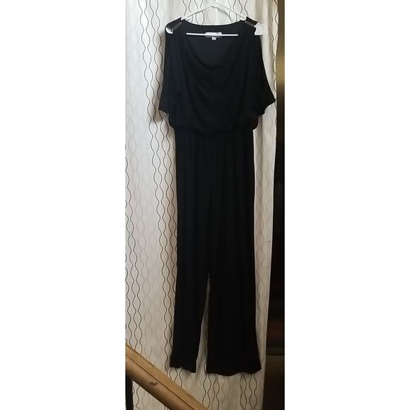 Emma & Michele Women Elegant Cold Sleeve Wide Straight Leg Jumpsuit Black Size L - Picture 2 of 16